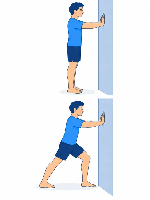 Calf stretch against wall for plantar fasciitis - standing and lunge stretch position