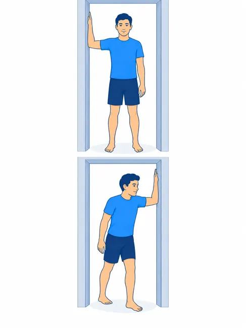 Doorway stretch exercise for frozen shoulder - starting and forward lean position