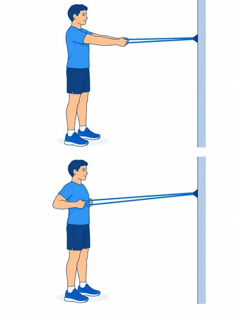 Resistance band row exercise for rotator cuff rehabilitation - starting and elbow-pull position