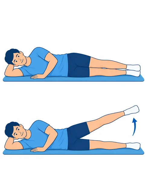 Side-lying leg raise hip abduction exercise for knee osteoarthritis - starting and lifted leg position