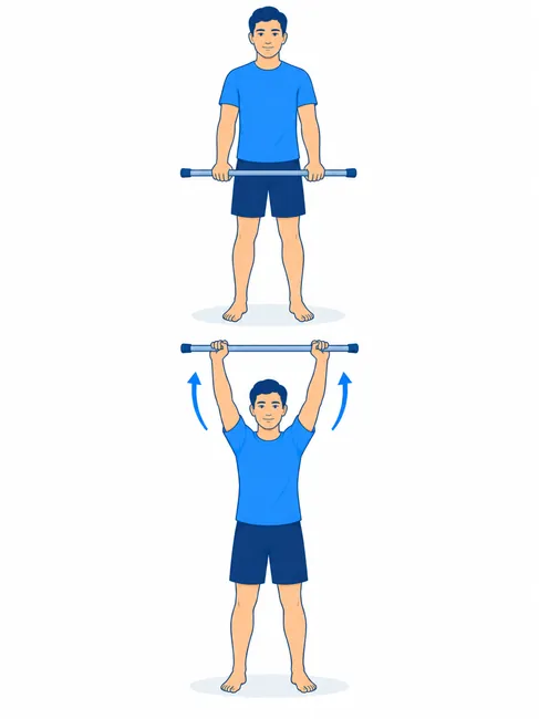 Stick or cane assisted stretch for frozen shoulder - starting and overhead raise position