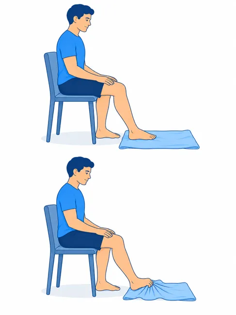 Toe towel curl exercise for plantar fasciitis - seated and towel scrunch position
