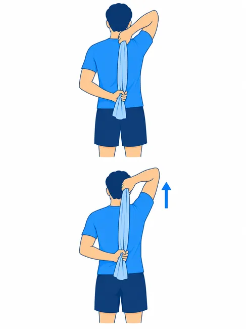 Towel behind back stretch for frozen shoulder - starting and pull-up position